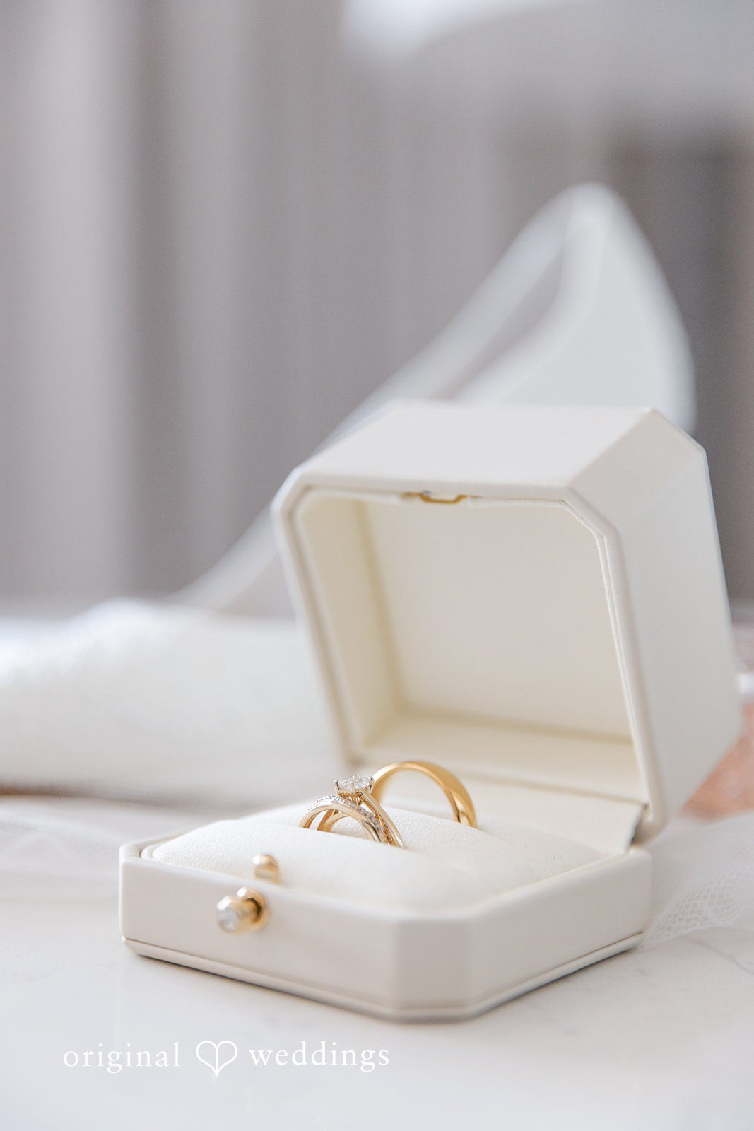 Open ring box with a ring inside.