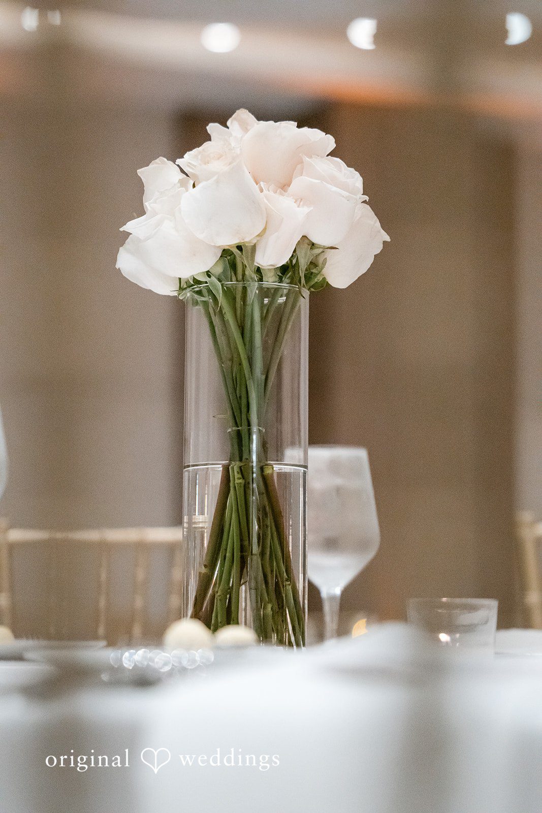 White flowers in a glass vase placed on a table.