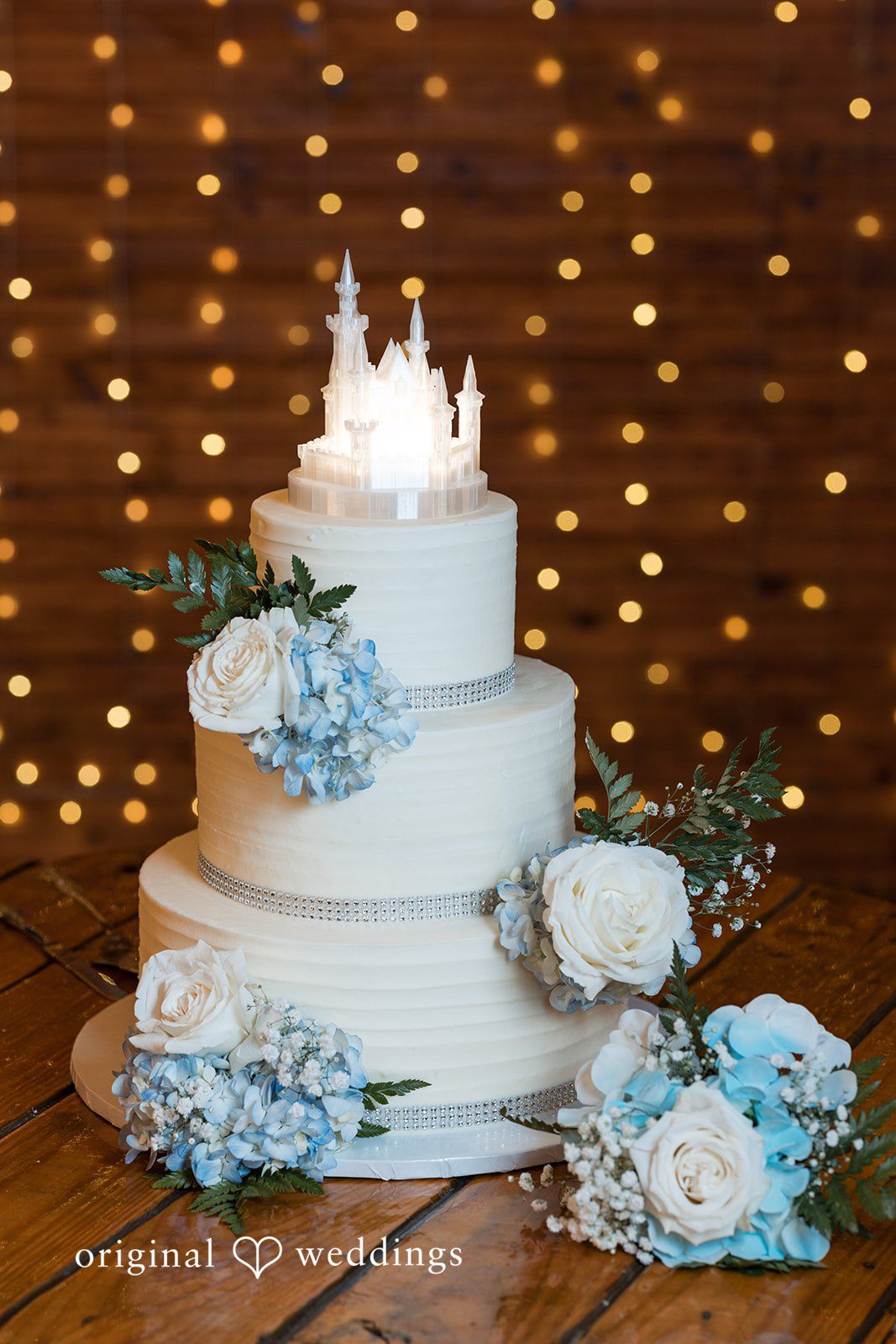Close-up of wedding cake with elegant design at Lovely Barn