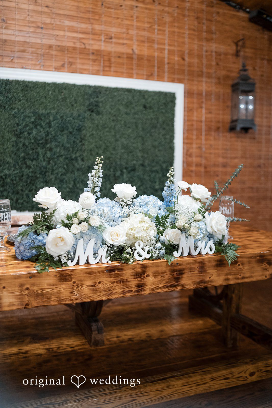 Close-up of Mr & Mrs table setup with floral decor at Lovely Barn