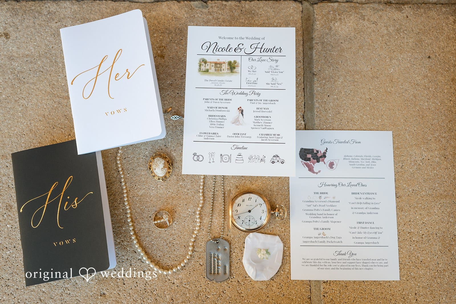 Nicole + Hunter Wedding program card of Nicole and Hunter at Powel Crosley Estate with timeline and details