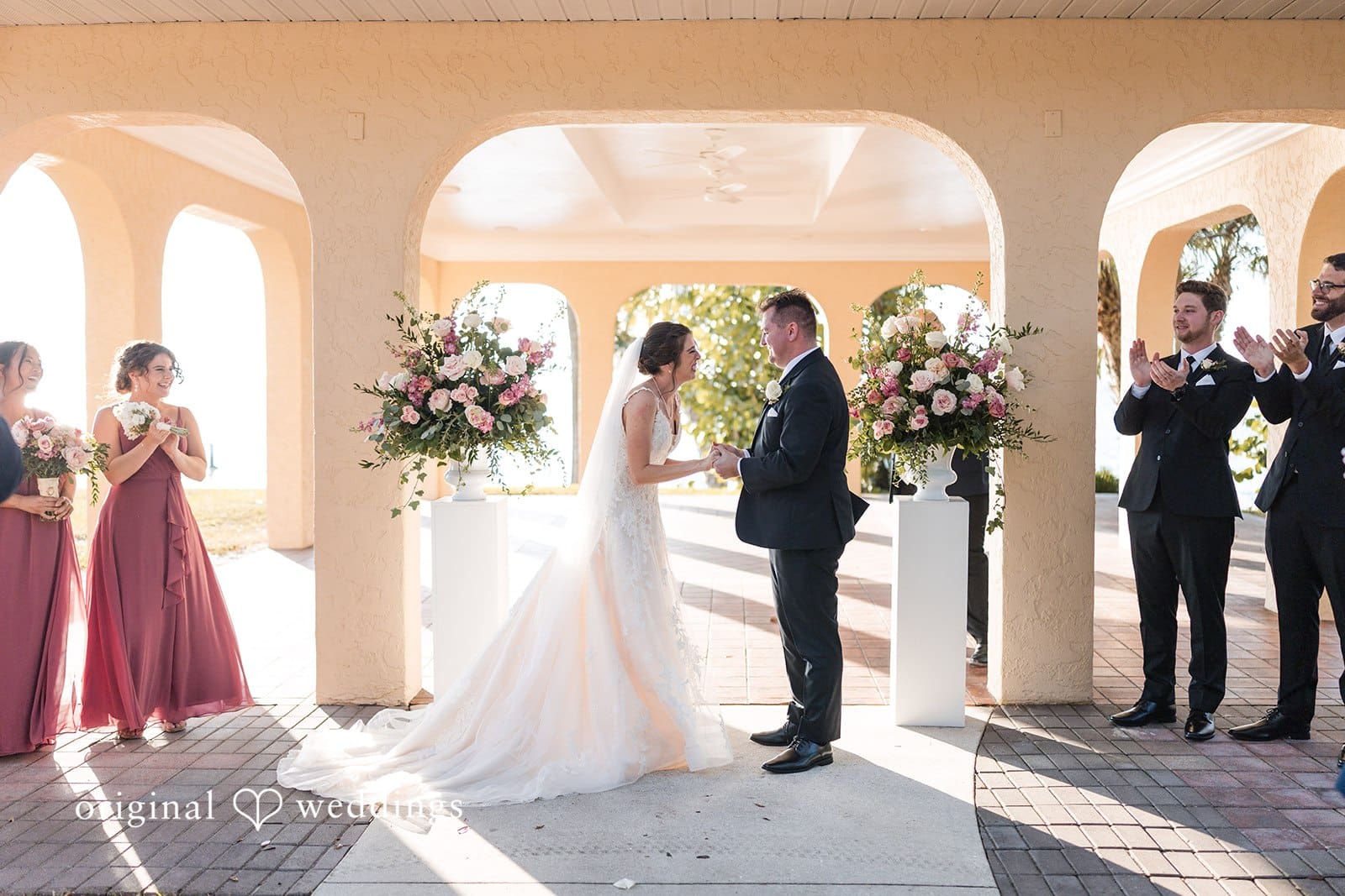 Nicole + Hunter Bride, groom, and wedding guests celebrating wedding ceremony at Powel Crosley Estate