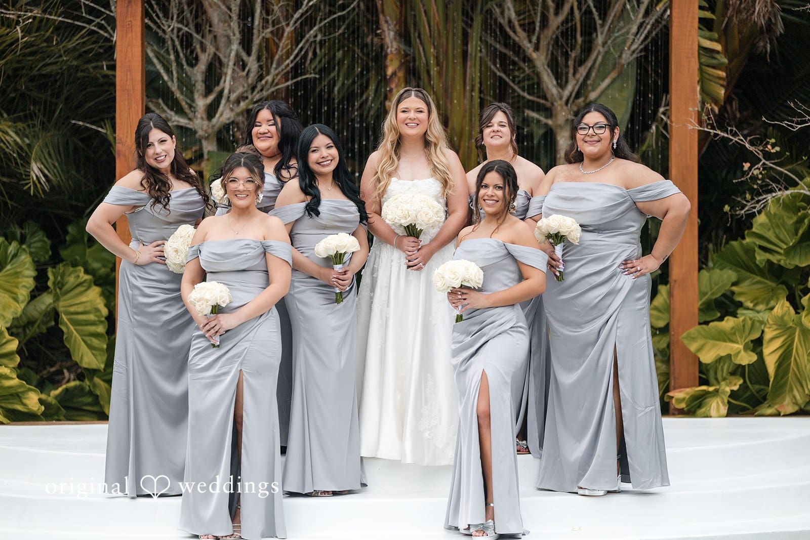 A stunning portrait of the bride and her bridesmaids