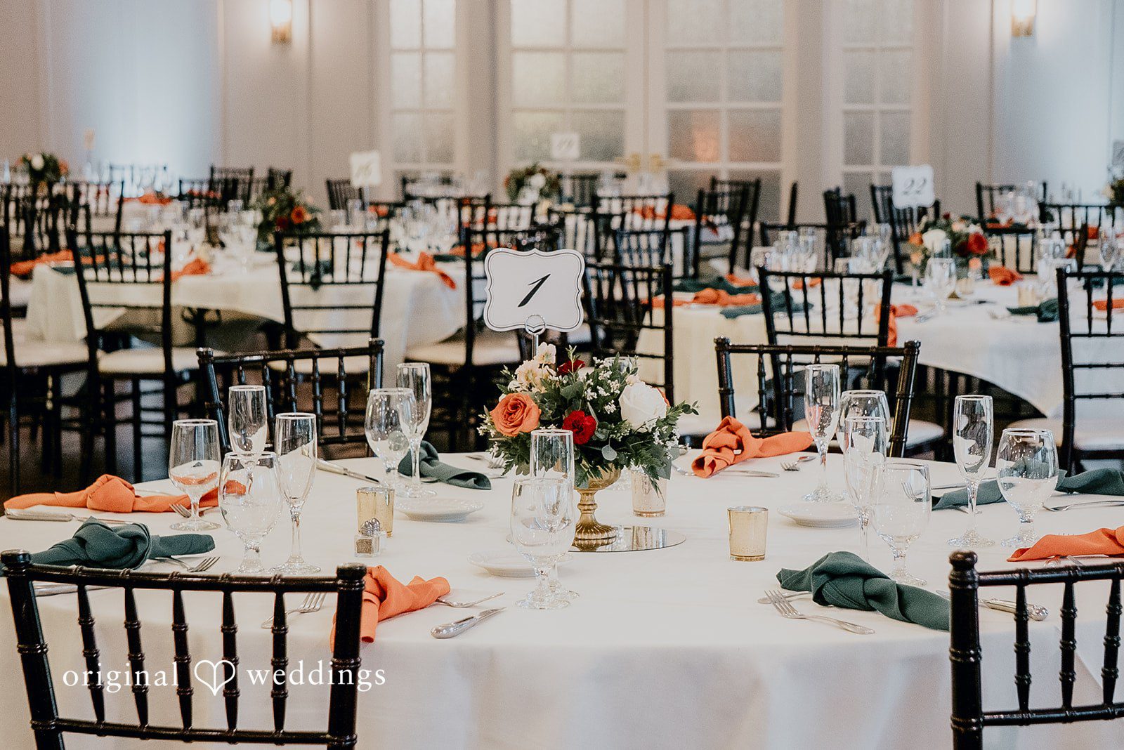 The beautifully decorated wedding tables at the San Ramon Waters wedding reception