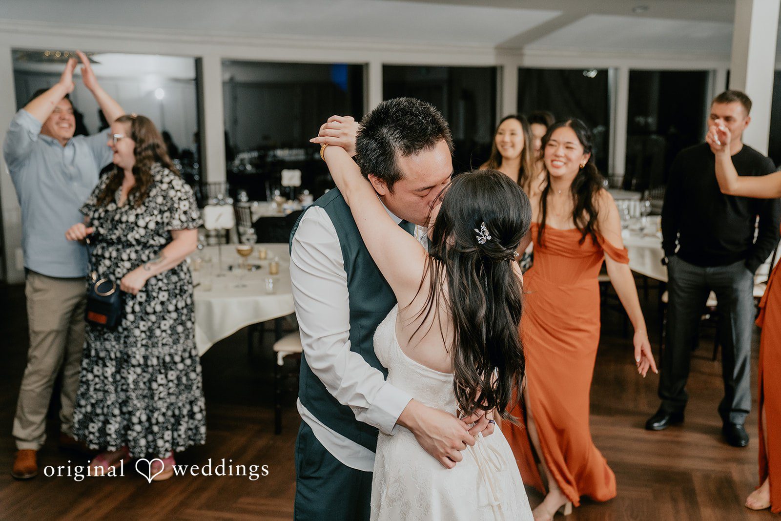 A romantic portrait of the couple at their wedding reception