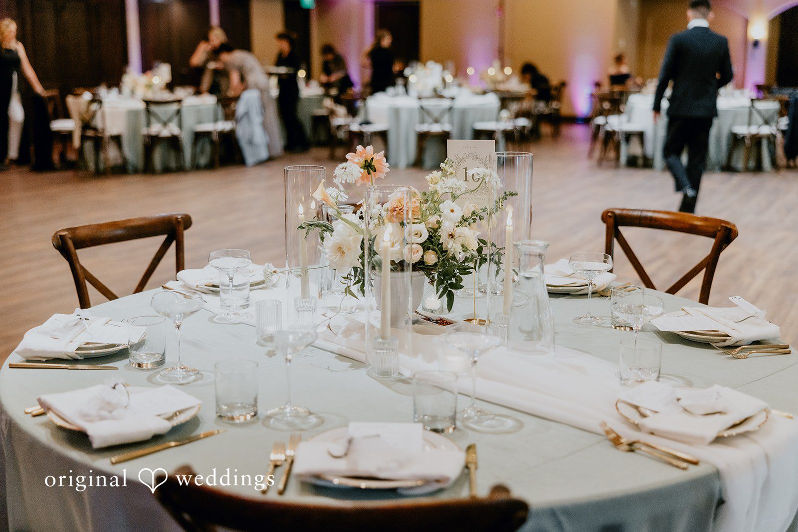 Jakob + Flowreen A San Diego photography of the decorated wedding tables at St Gabriel Catholic Church's reception hall