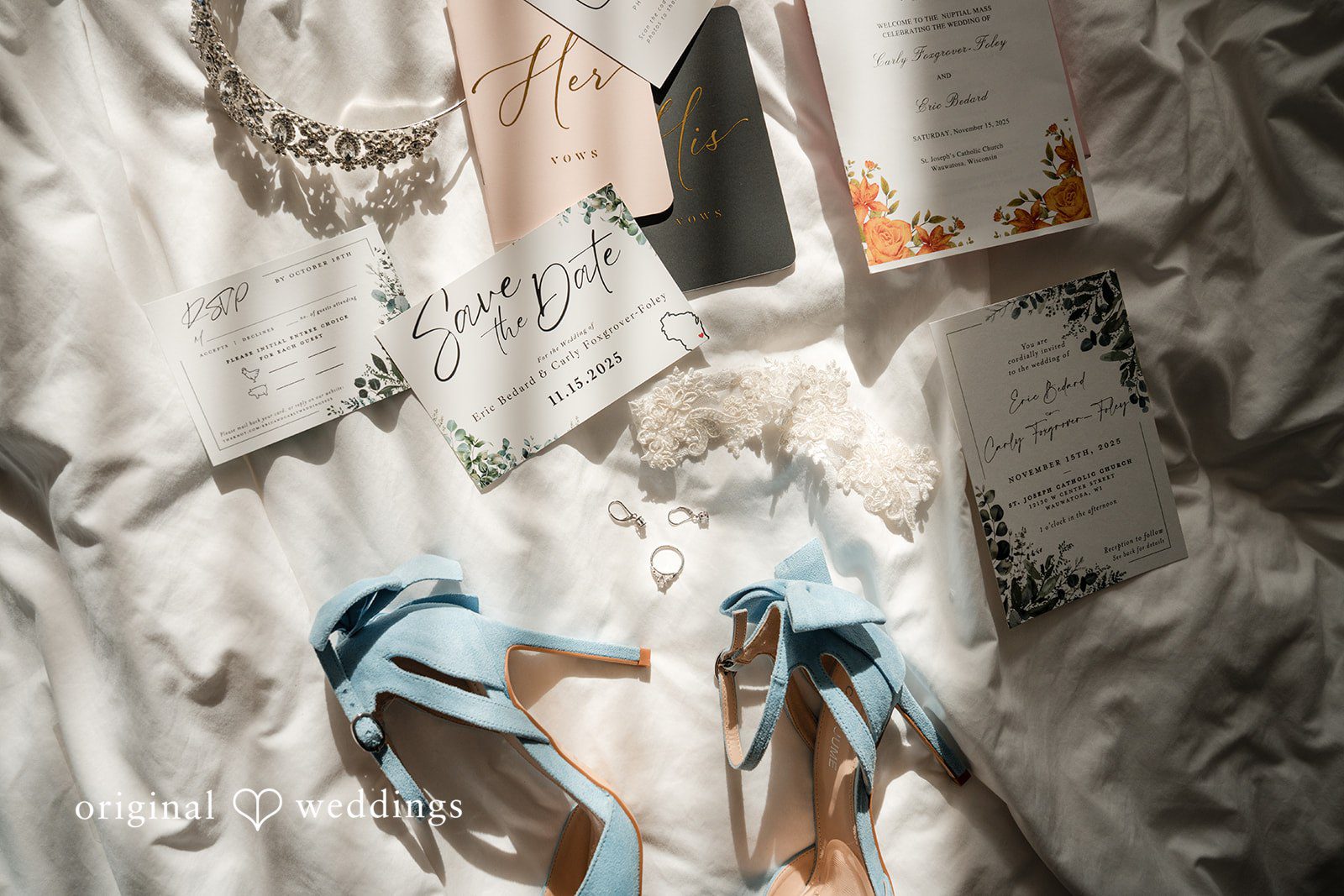 A detail shot of the bride's shoe, wedding IV, and other wedding accessories