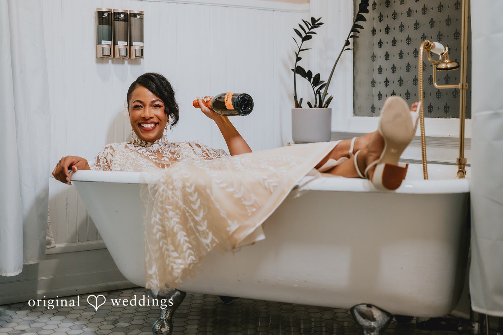 A happy portrait of the bride before the wedding reception