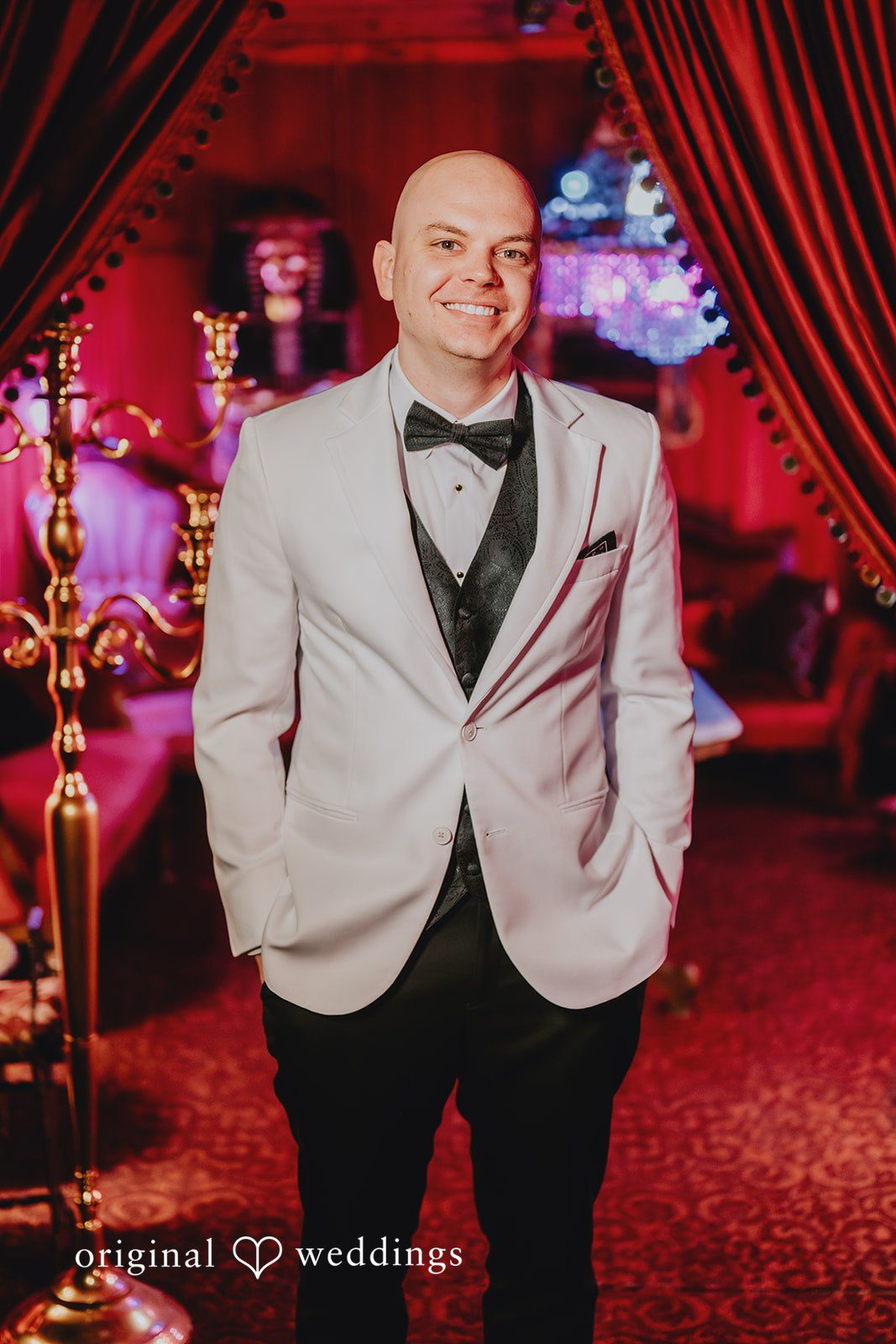 A cute portrait of the groom at the wedding reception