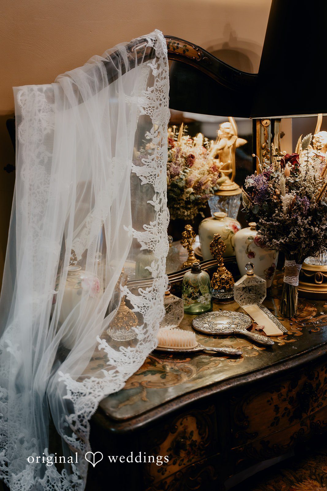 Elegant bridal details are carefully arranged for the big day.