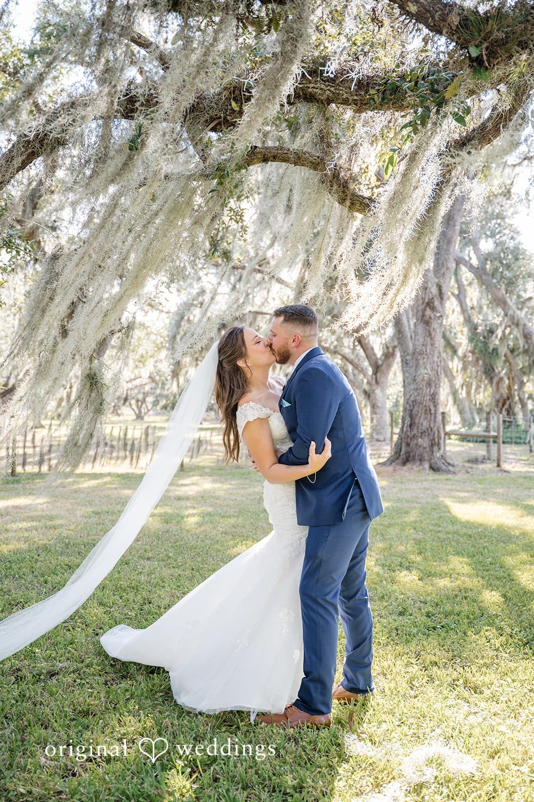 The bride and groom seal the moment with a kiss in a natural setting.