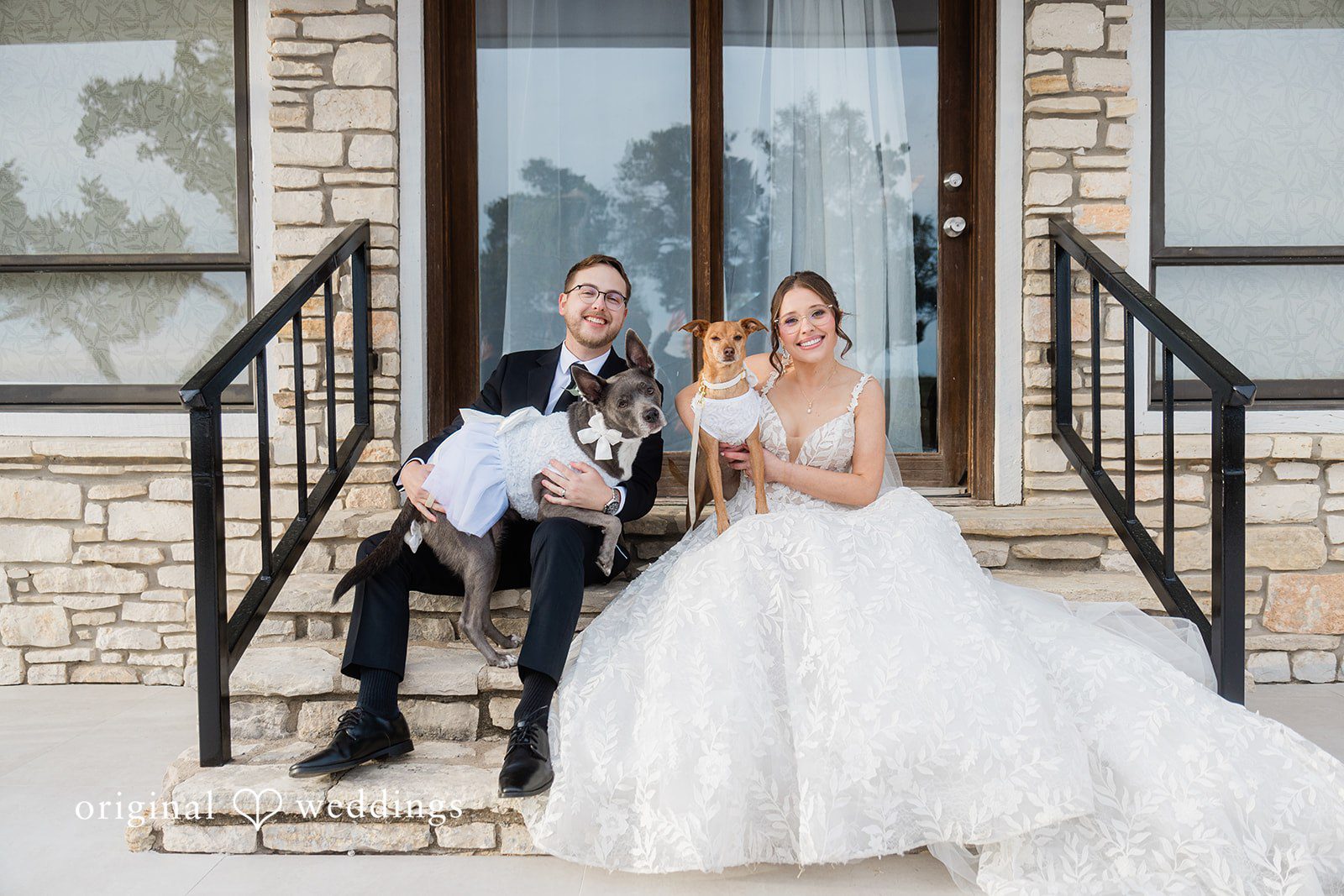 A portrait of the couple with their adorable pups