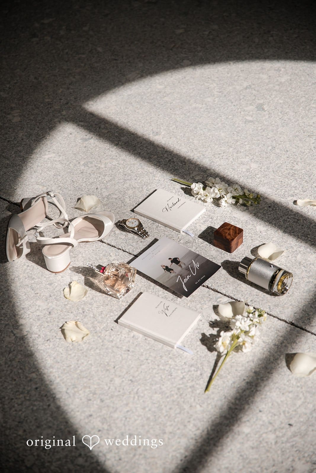 Brianne + Luke Romantic shoes, watch and perfume detail