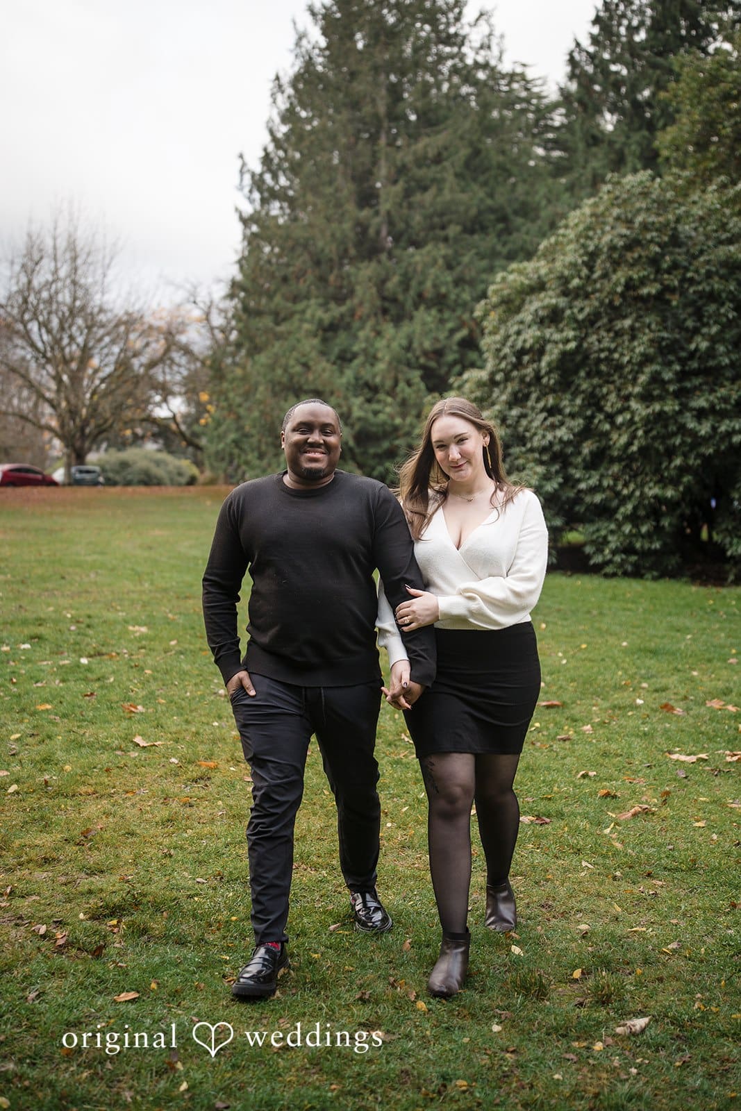A close shot of the couple taking a walk at Volunteer Park