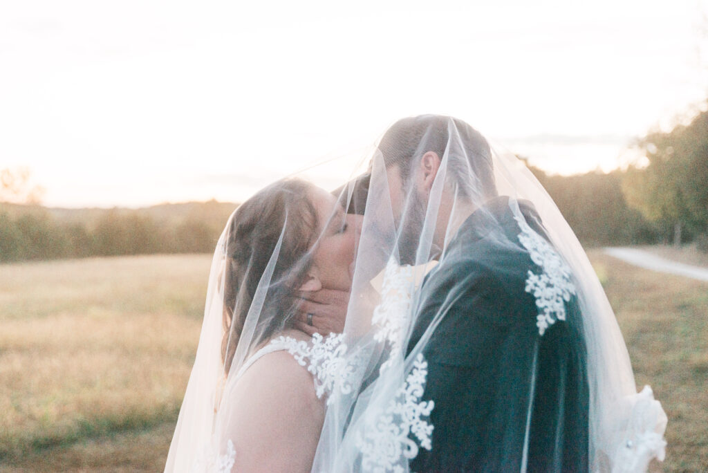 Alison + Sterlen bride and groom kissing under veil at wedding venues st louis