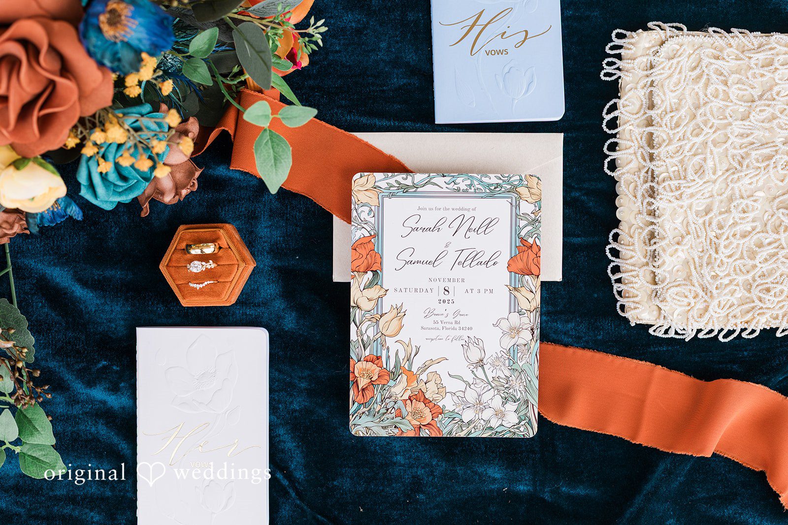 Wedding stationery arranged with textures and florals, styled for Tampa Wedding Photography.