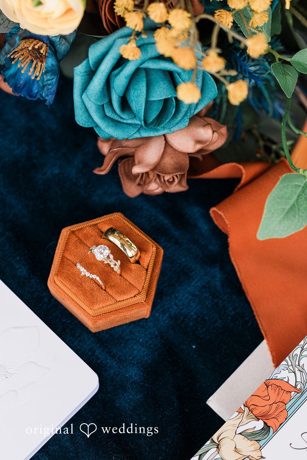 A flat-lay of wedding accessories and florals, styled in the signature Tampa Wedding Photography look.