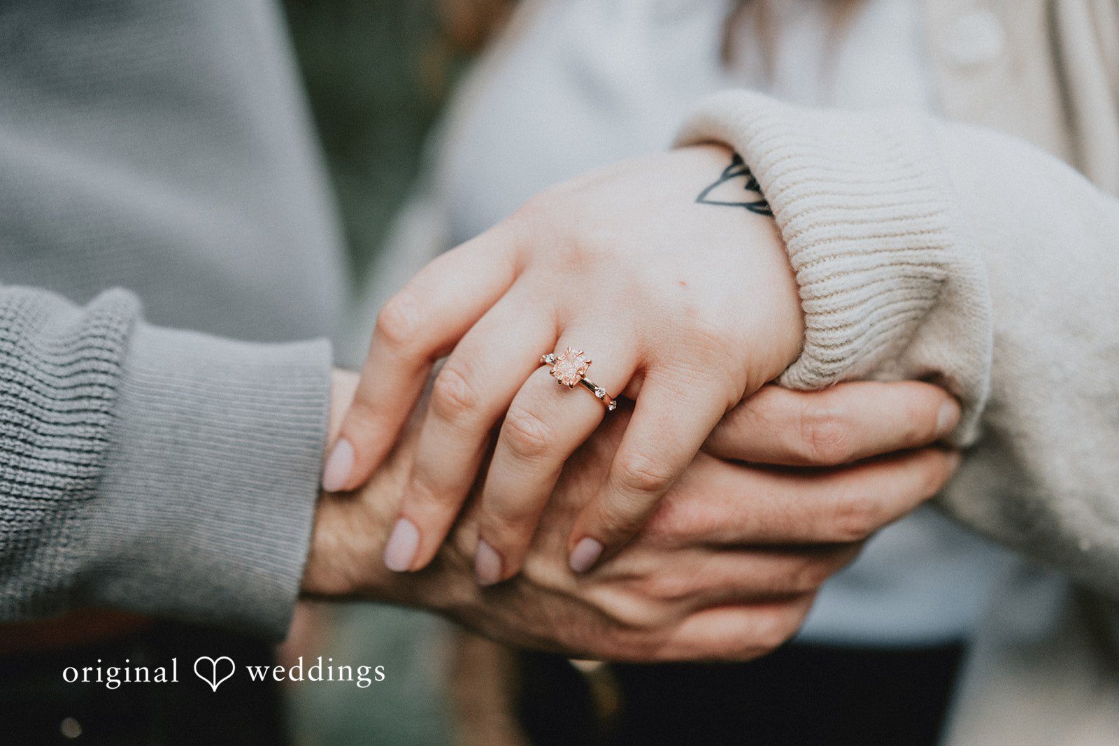 Close-up of couple holding hands showing engagement rings.
