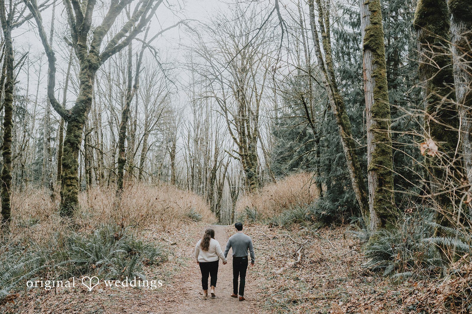 Couple walking hand‑in‑hand down a wooded trail, viewed from behind.