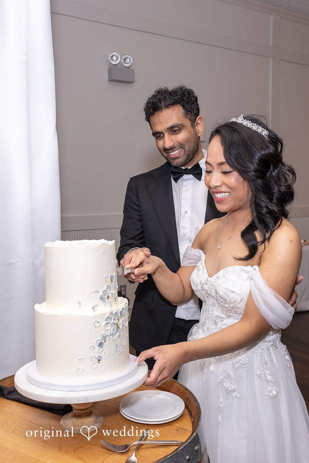 The couple cuts their wedding cake