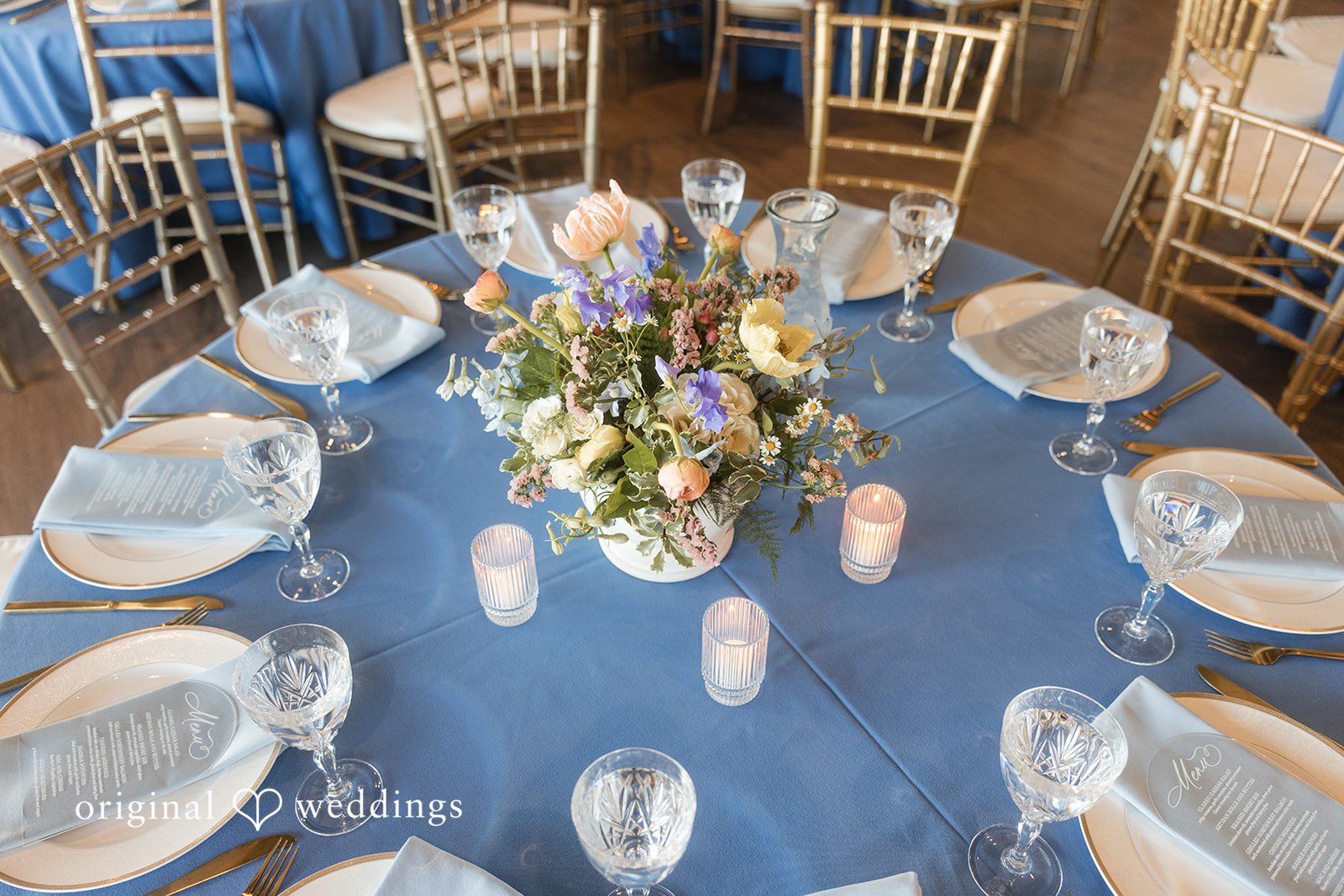 Kelsey + Jensen Classic wedding dining setup with flowers at Edmonds Waterfront Center
