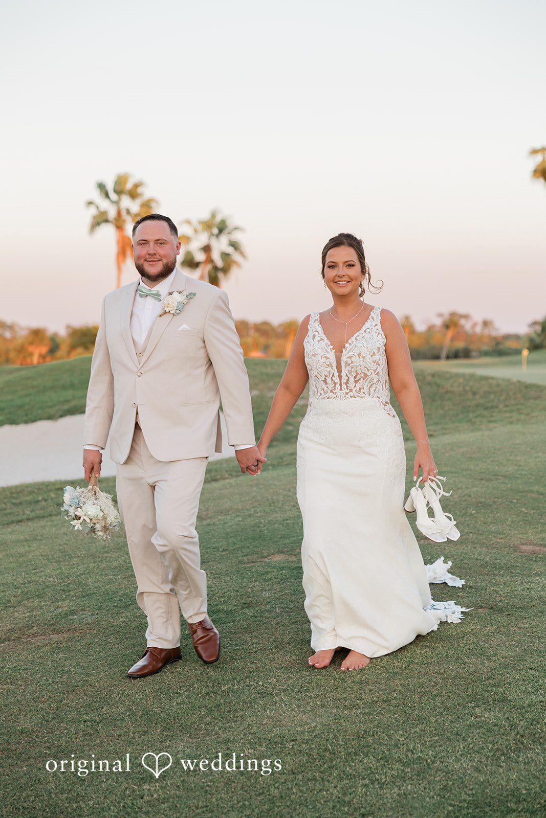 Happily married couple walking hands in hands
