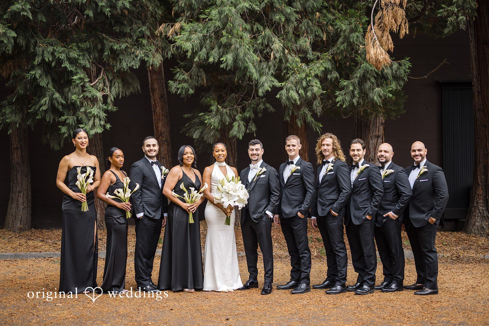 Patrick + Barbara Jean Groom and groomsmen lined up outdoors, posing together in formal attire.