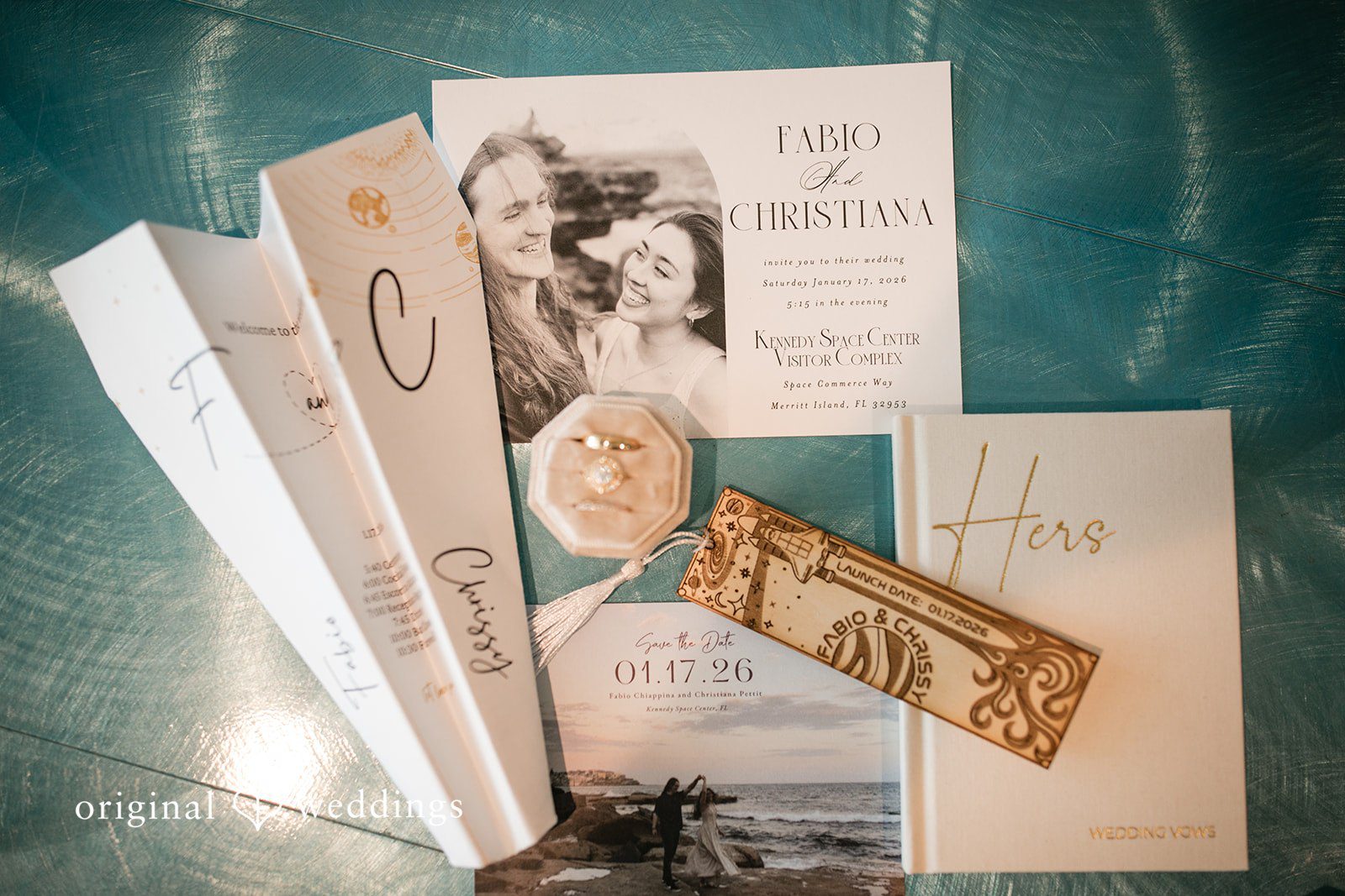 Wedding program cards and ring detail shot at Kennedy Space Center
