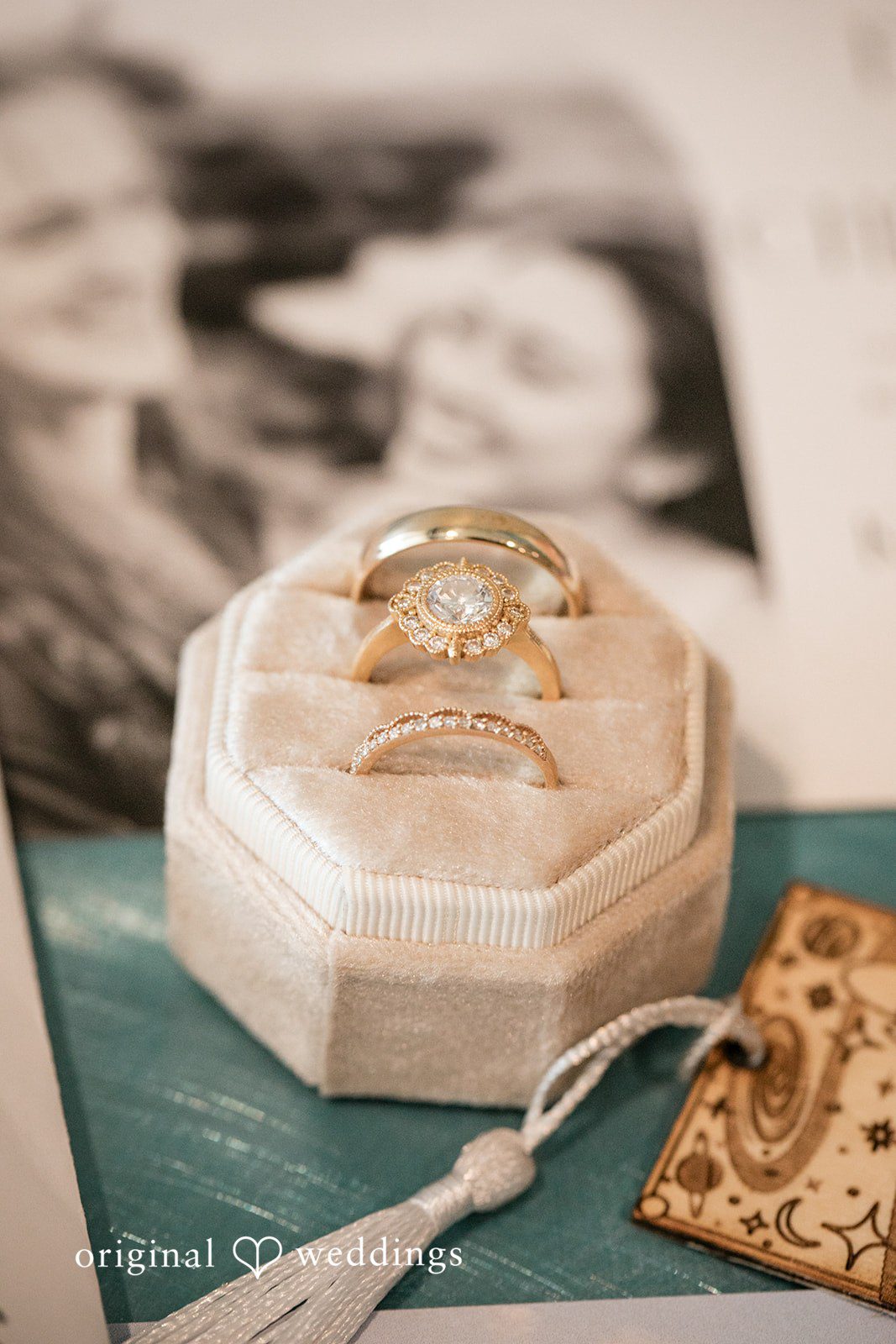 Elegant close-up of wedding rings with soft lighting