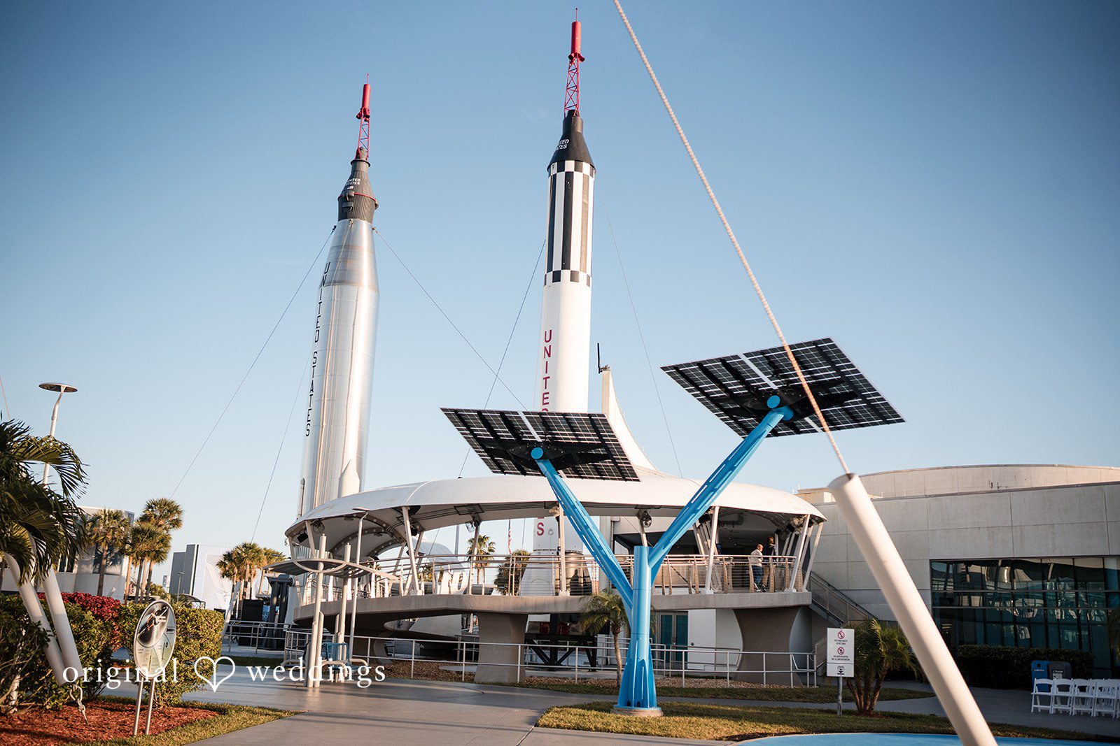 Elegant wedding venue exterior with modern architecture at Kennedy Space Center