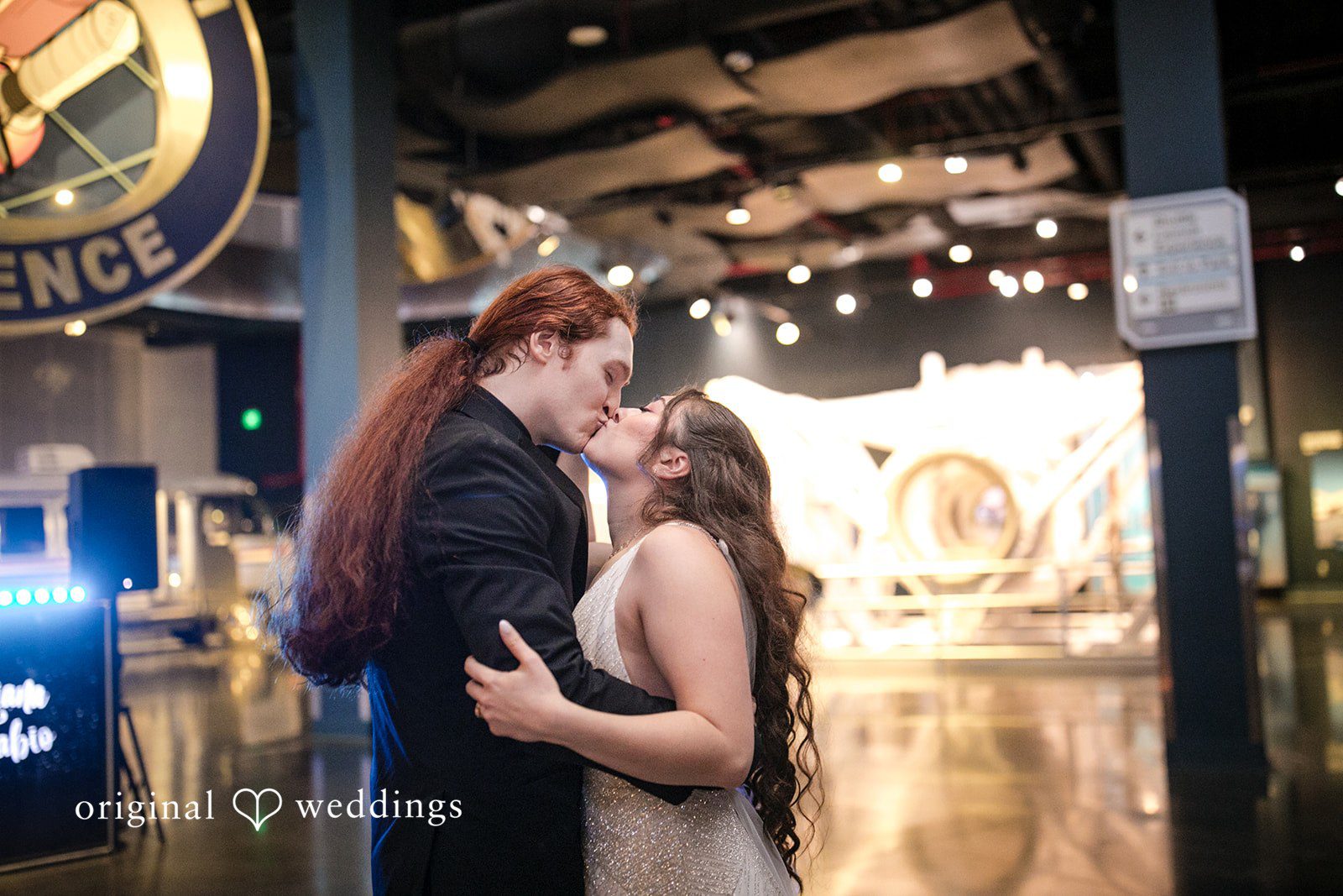 Romantic moment of bride and groom kiss
