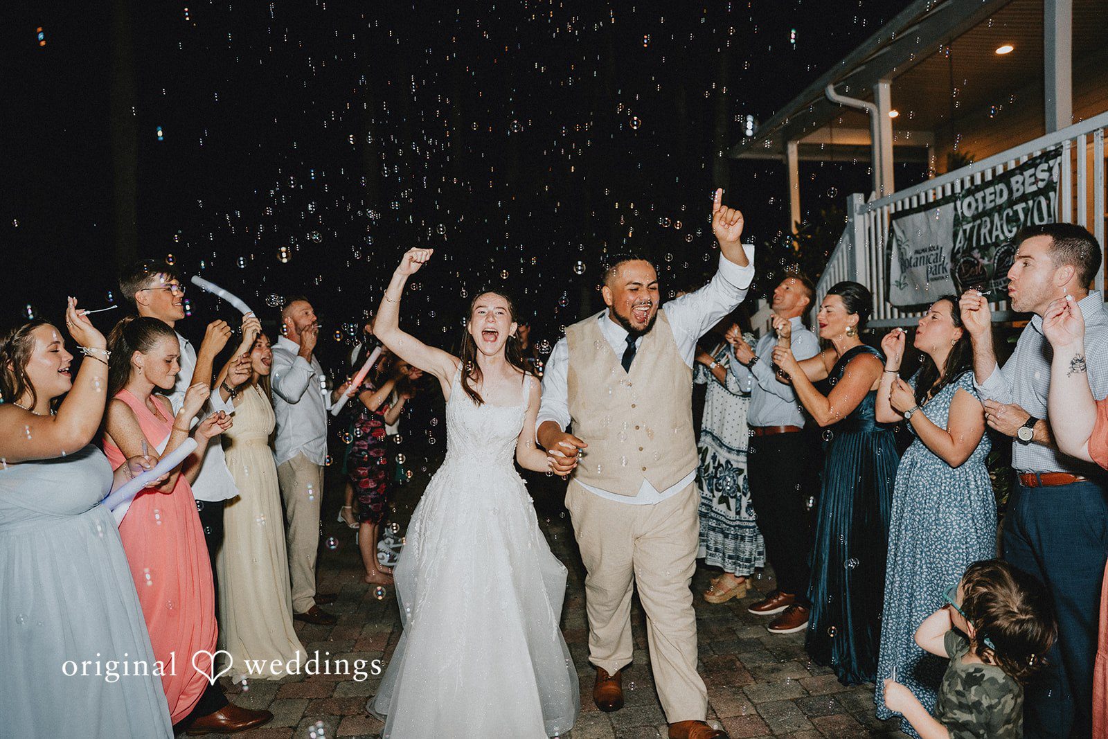 The happy couple makes a grand exit