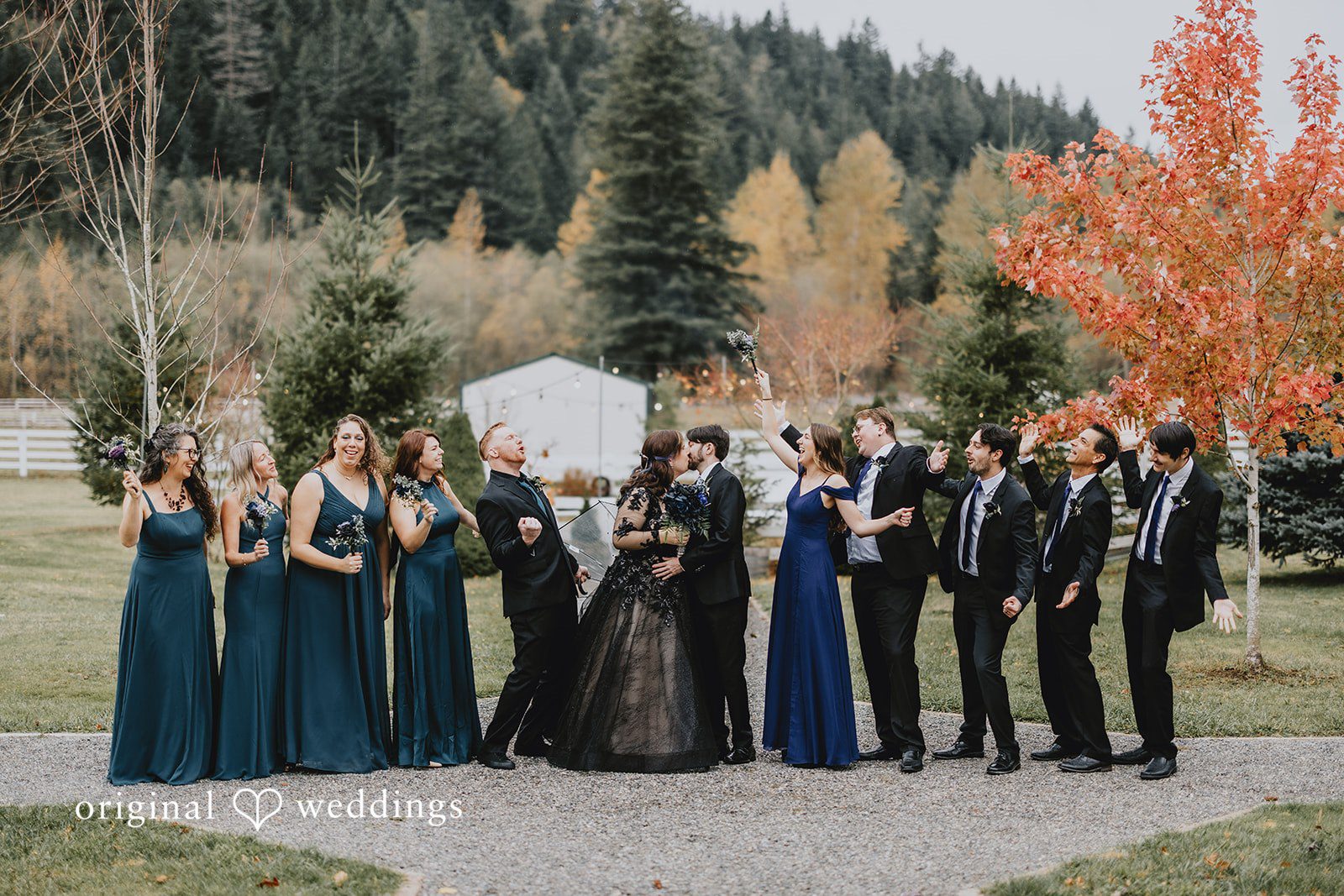An outdoor group portrait shows the wedding party standing together in natural light.