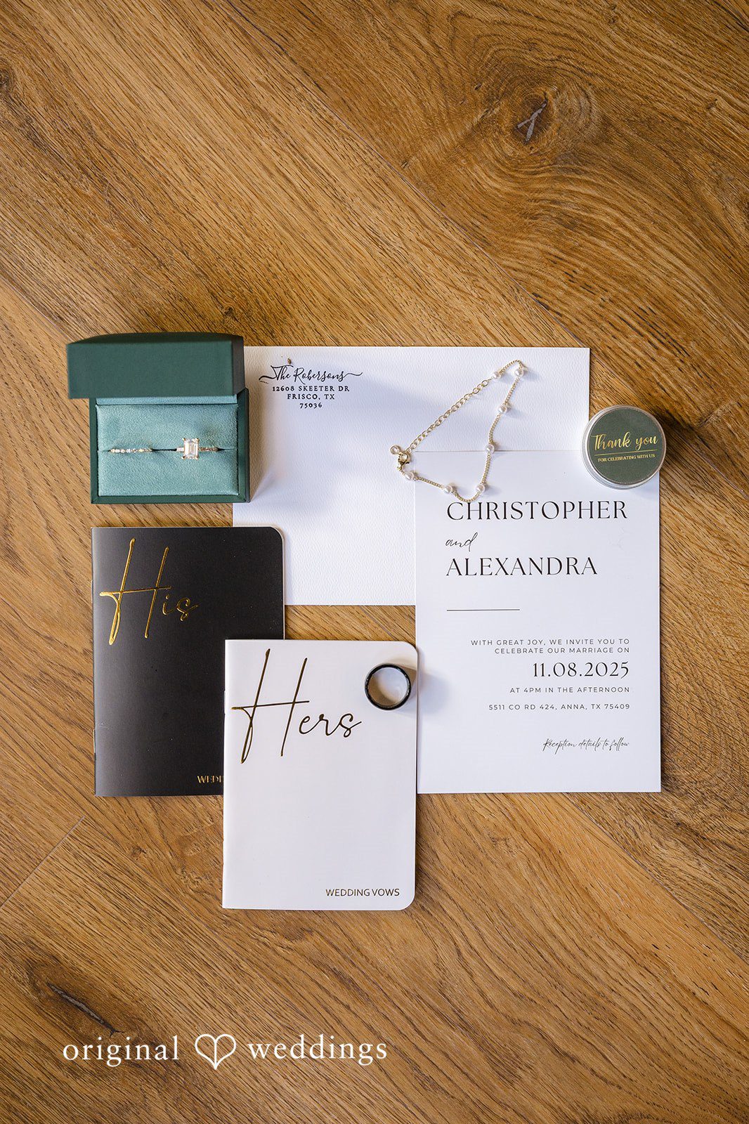 A photo of the wedding rings, wedding IV, and the couple’s vows