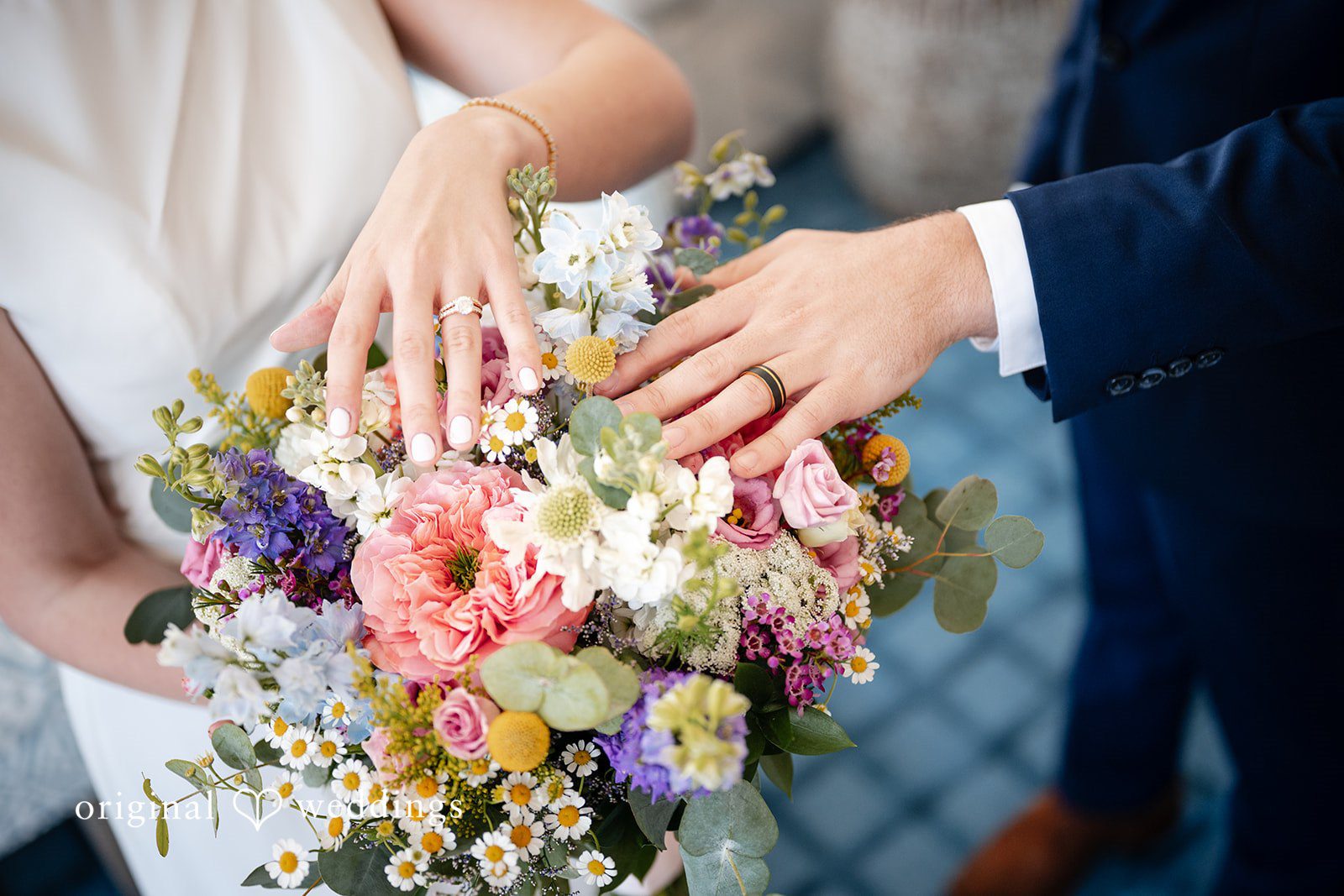 Detailed picture of wedding rings of couple