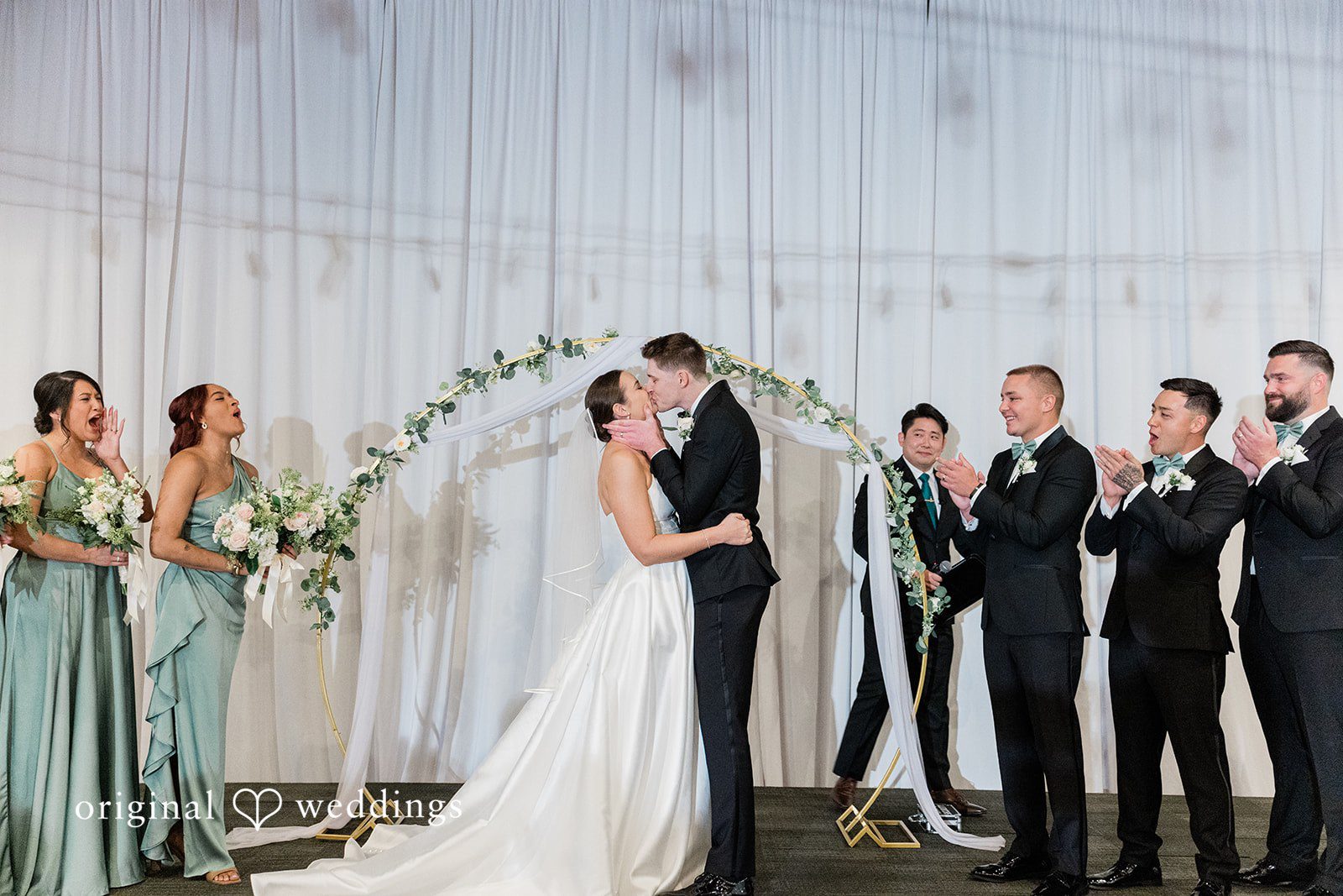 Romantic first kiss moment during ceremony