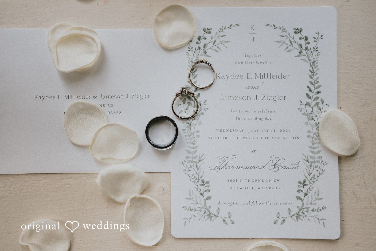 Kaydee + Jameson Romantic wedding ring detail and wedding program card at Thornewood Castle