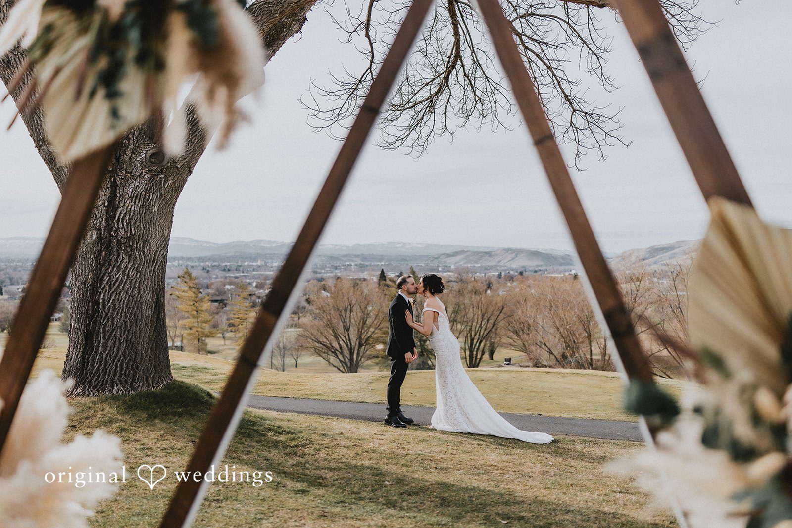 Parsa + Kiley A distant shot captures the couple surrounded by nature.