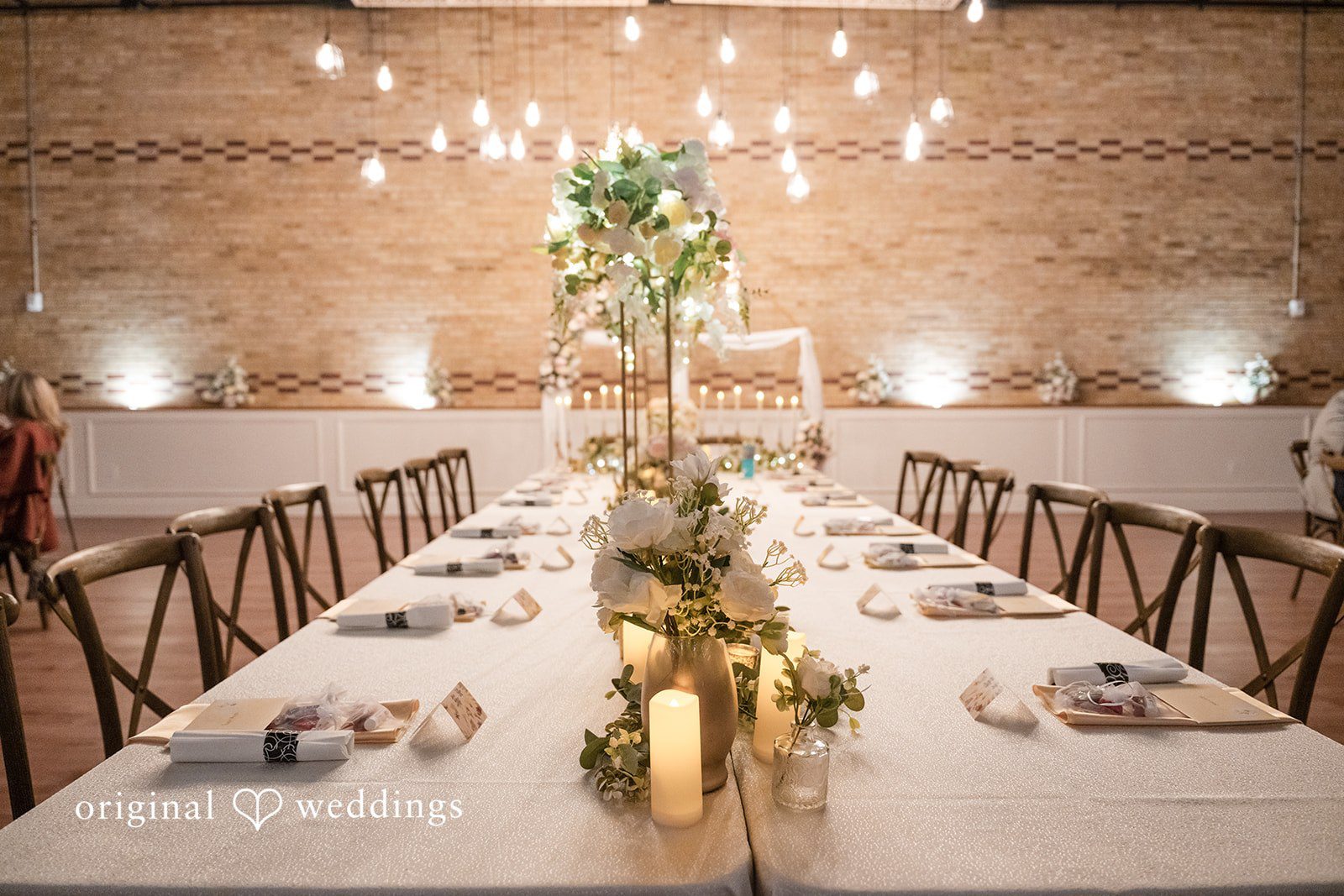 Reception tables decorated for the wedding celebration