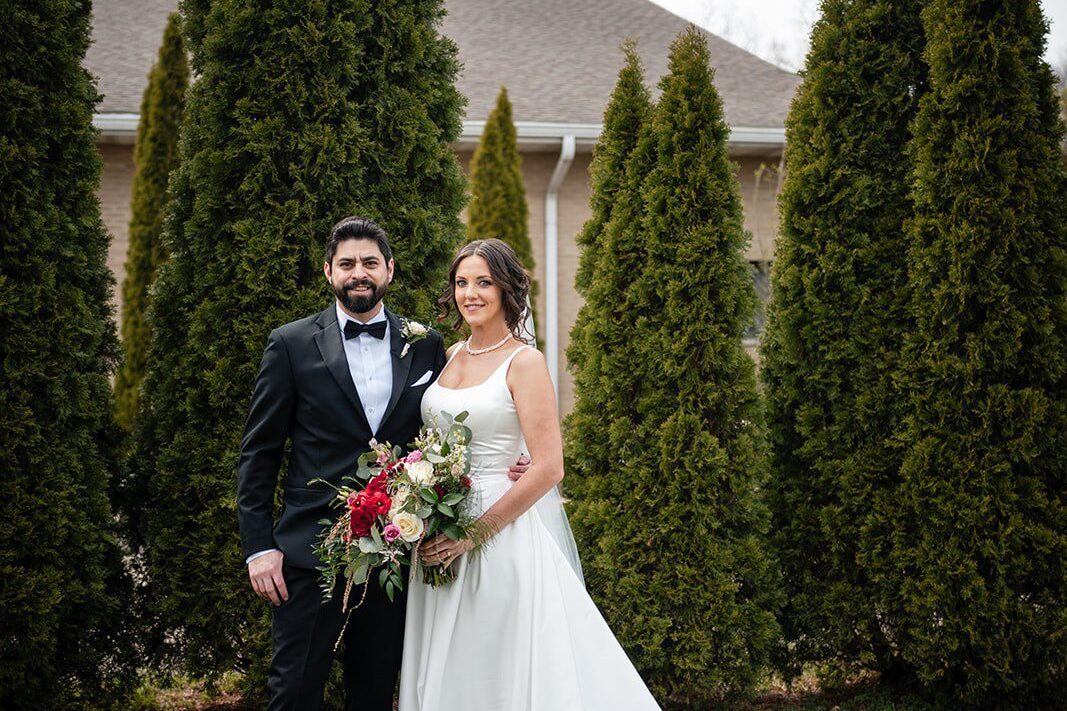 Captured romantic outdoor portrait of couple at Chetnik Memorial Hall by Chicago Wedding Photographers