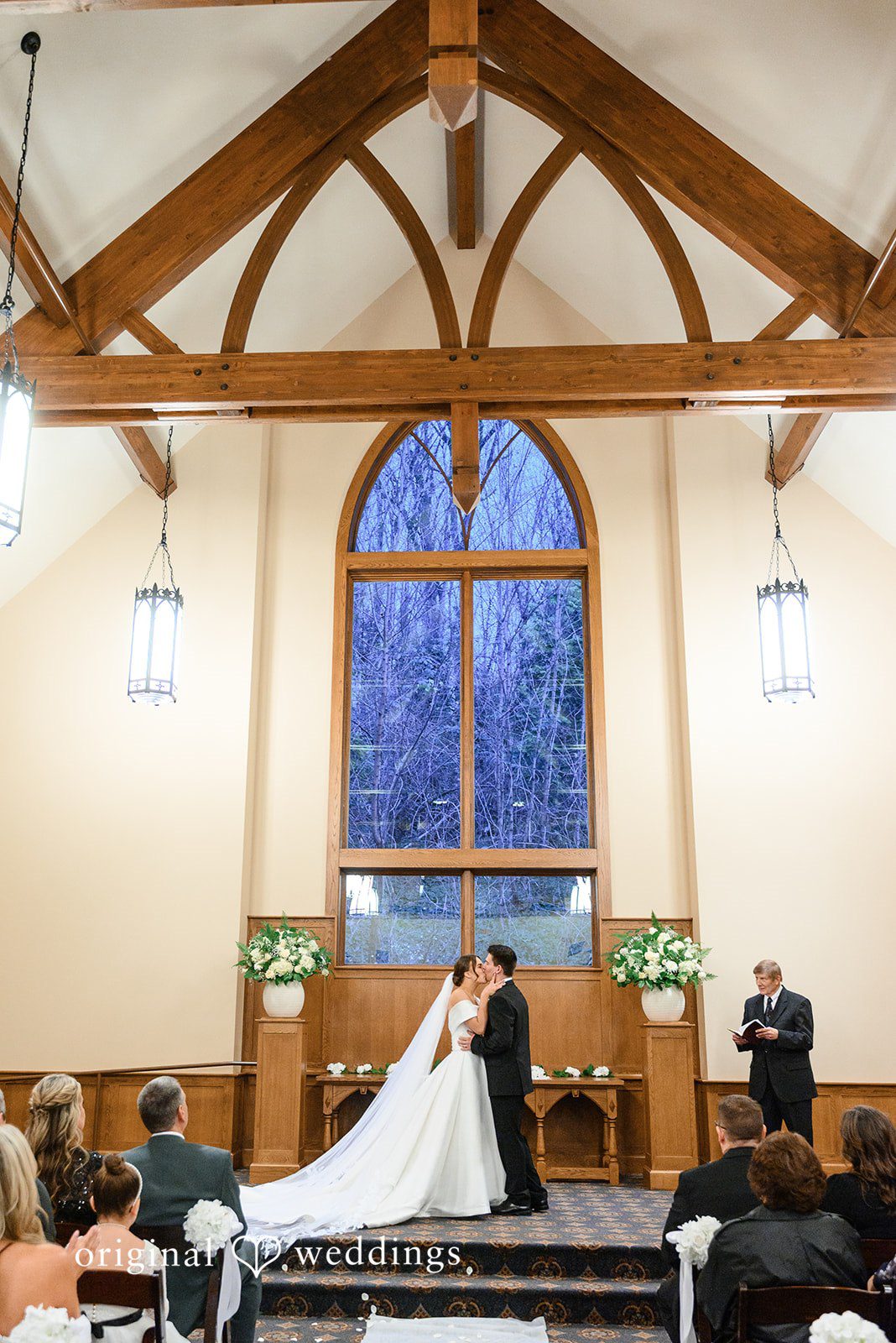 Avery + Ben Romantic first kiss of couple during ceremony at Abernethy Center