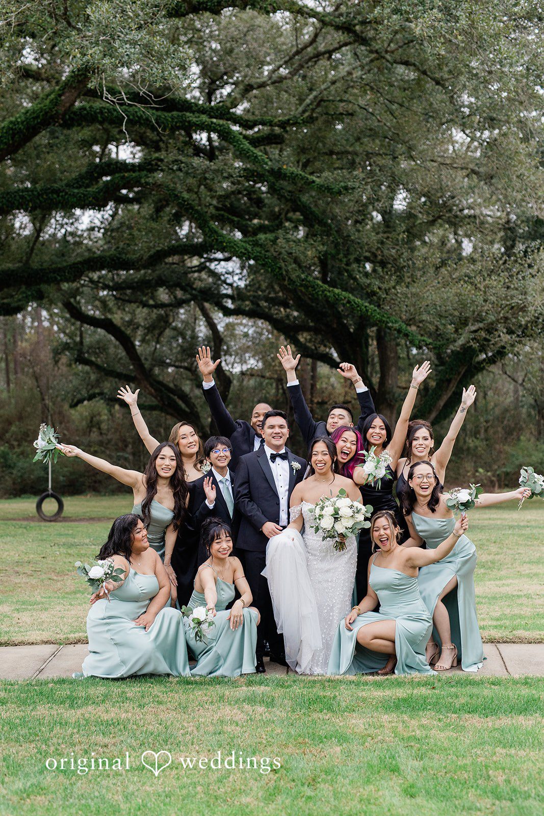 Dominic + Erika Joy A group portrait with groom and bride at Addison Woods.