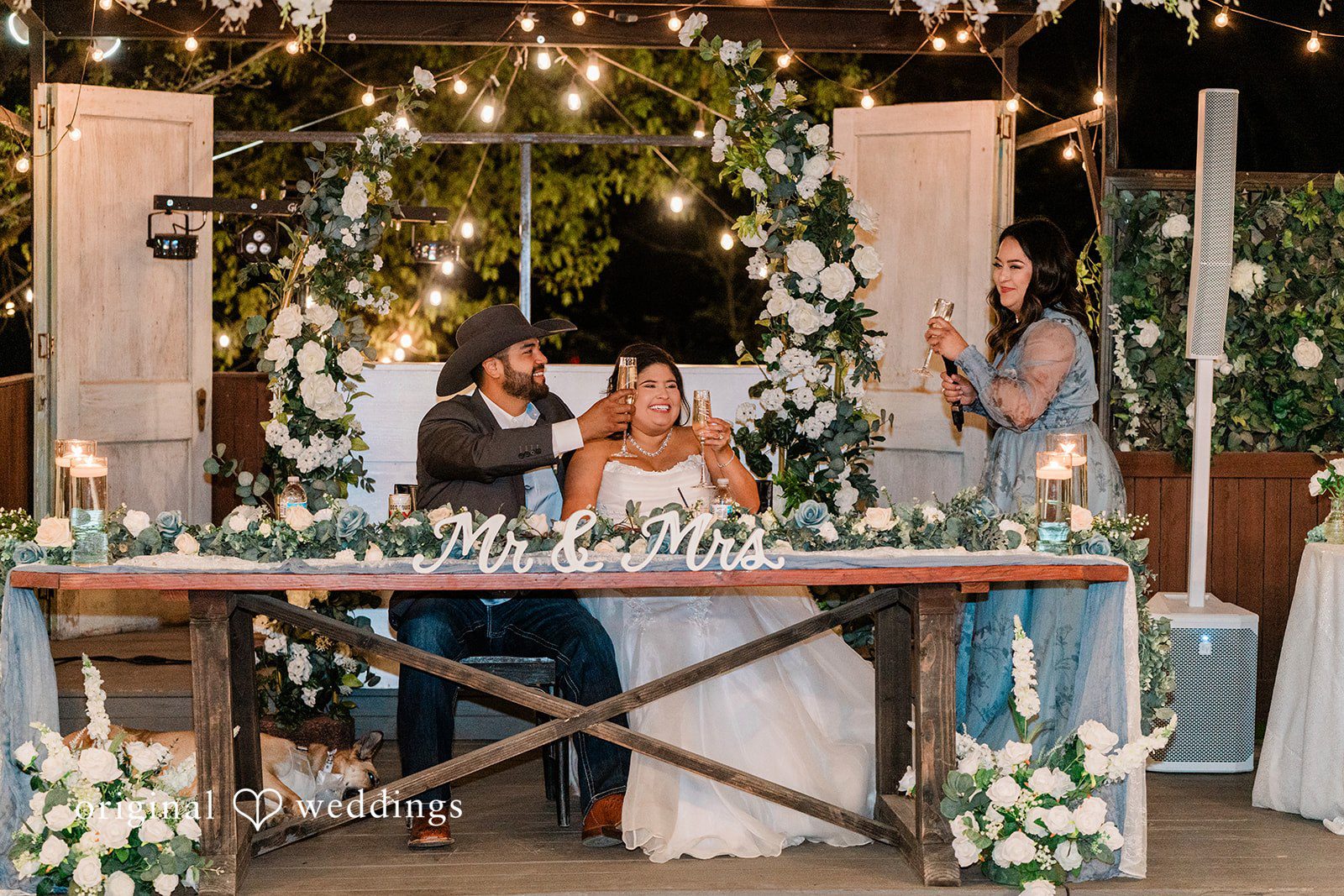 The couple shares a toast at their wedding reception