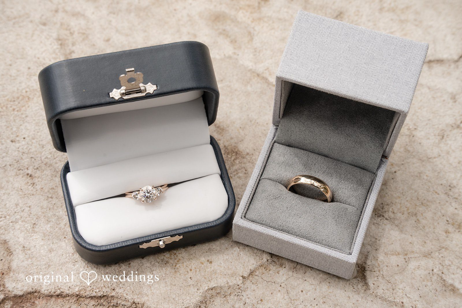 Hannah + Will Wedding rings detail shot inside elegant ring boxes