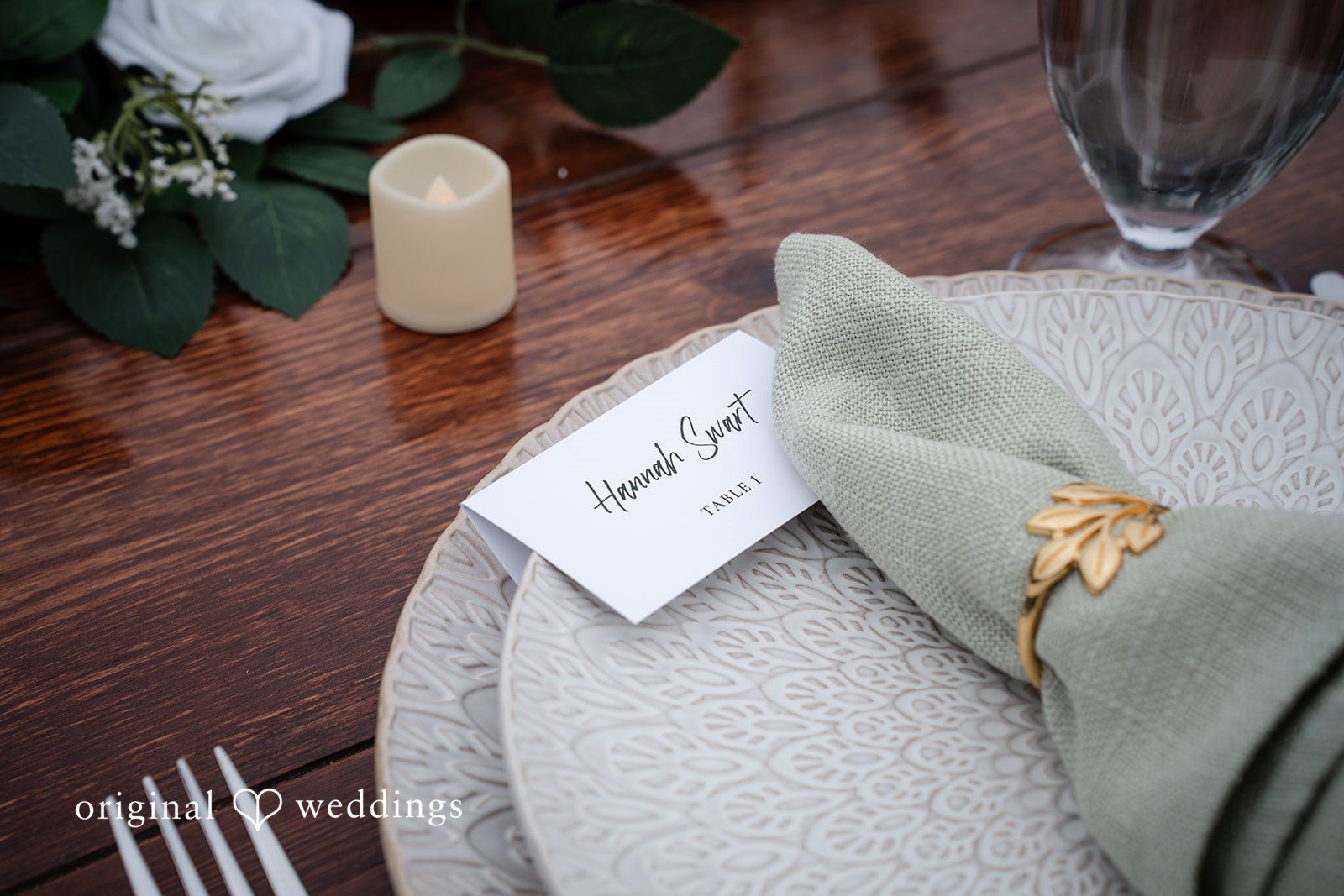 Hannah + Will Table setting detail shot with plates and decor