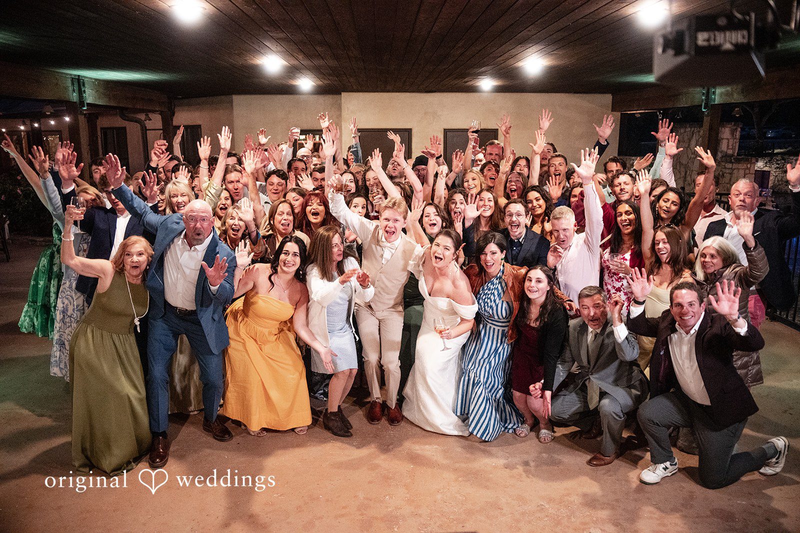 Hannah + Will Group photo with all wedding guests at the reception