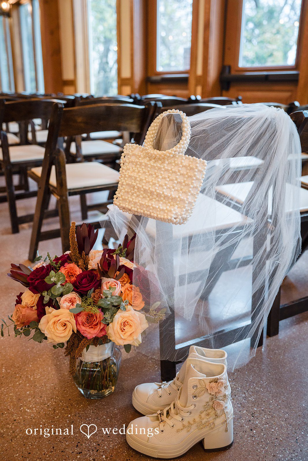 William + Alicia Elegant bridal accessories arrangement at Barnwood Events