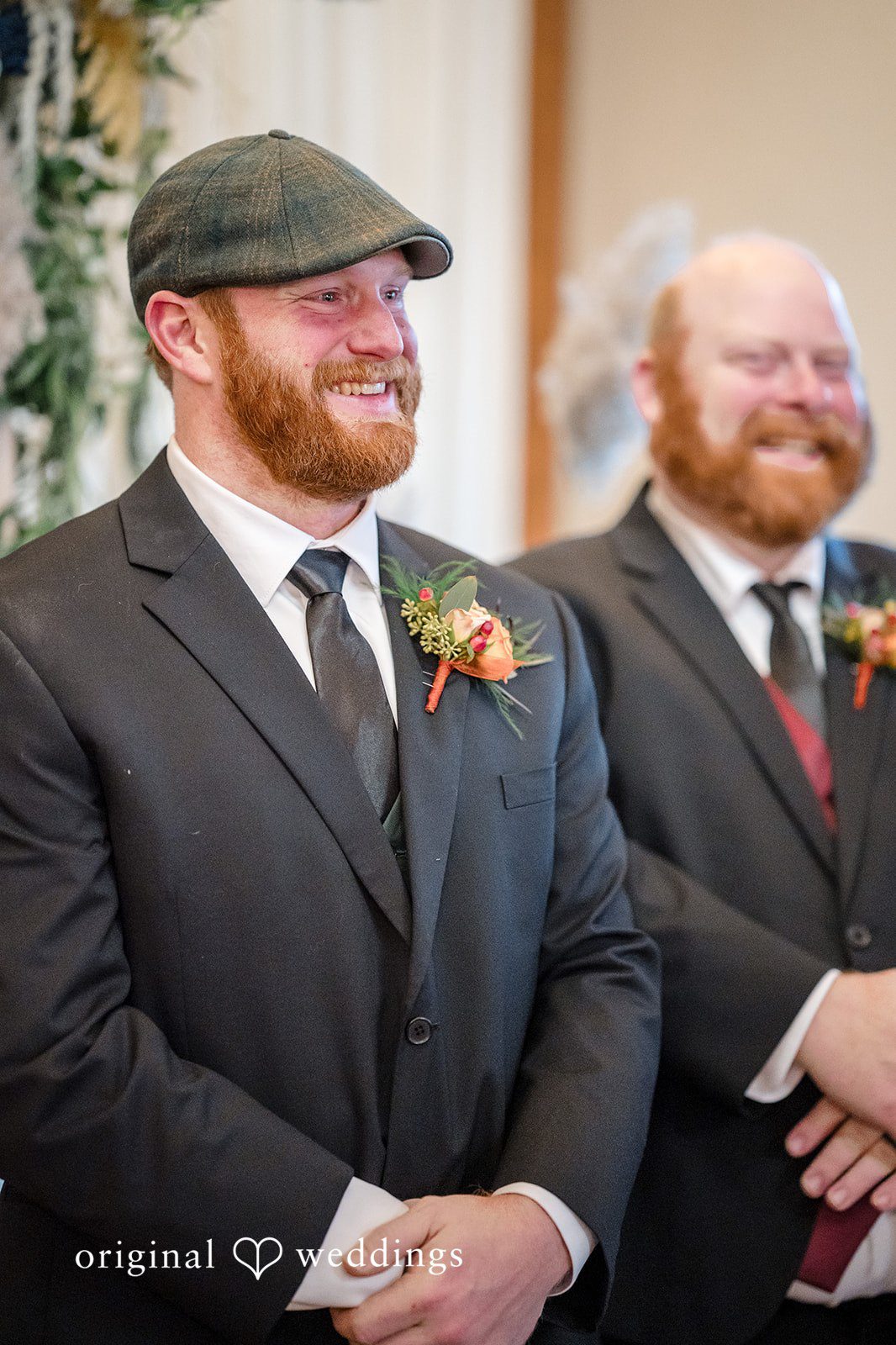 William + Alicia Emotional groom reaction during bridal entrance at Barnwood Events