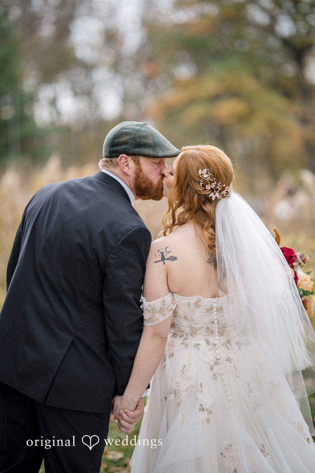 William + Alicia Elegant bride and groom kiss portrait at Barnwood Events