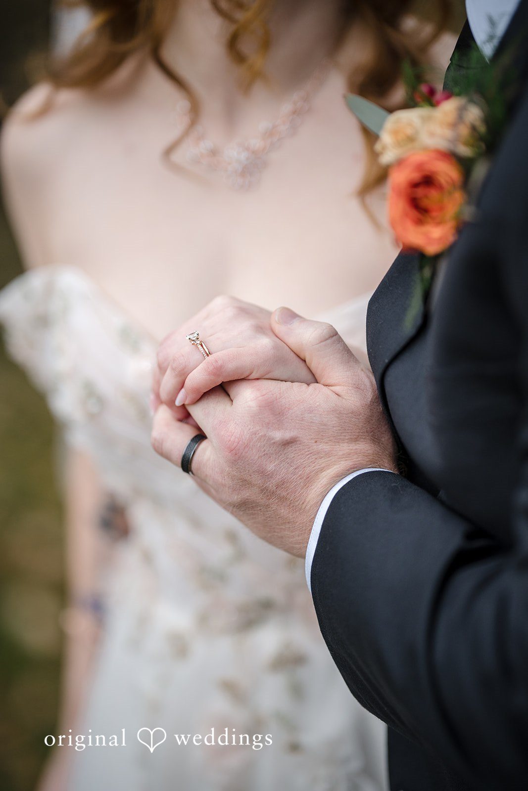 William + Alicia Elegant wedding ring hand detail at Barnwood Events
